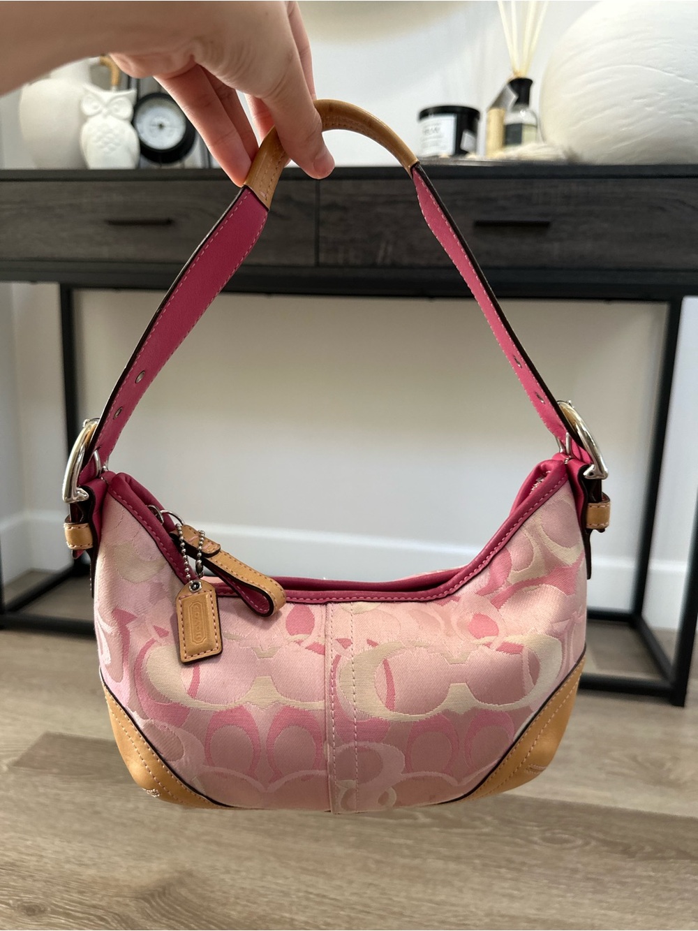 Rare Coach Pink Signature Jacquard Mini Shoulder Bag with Tan Trim